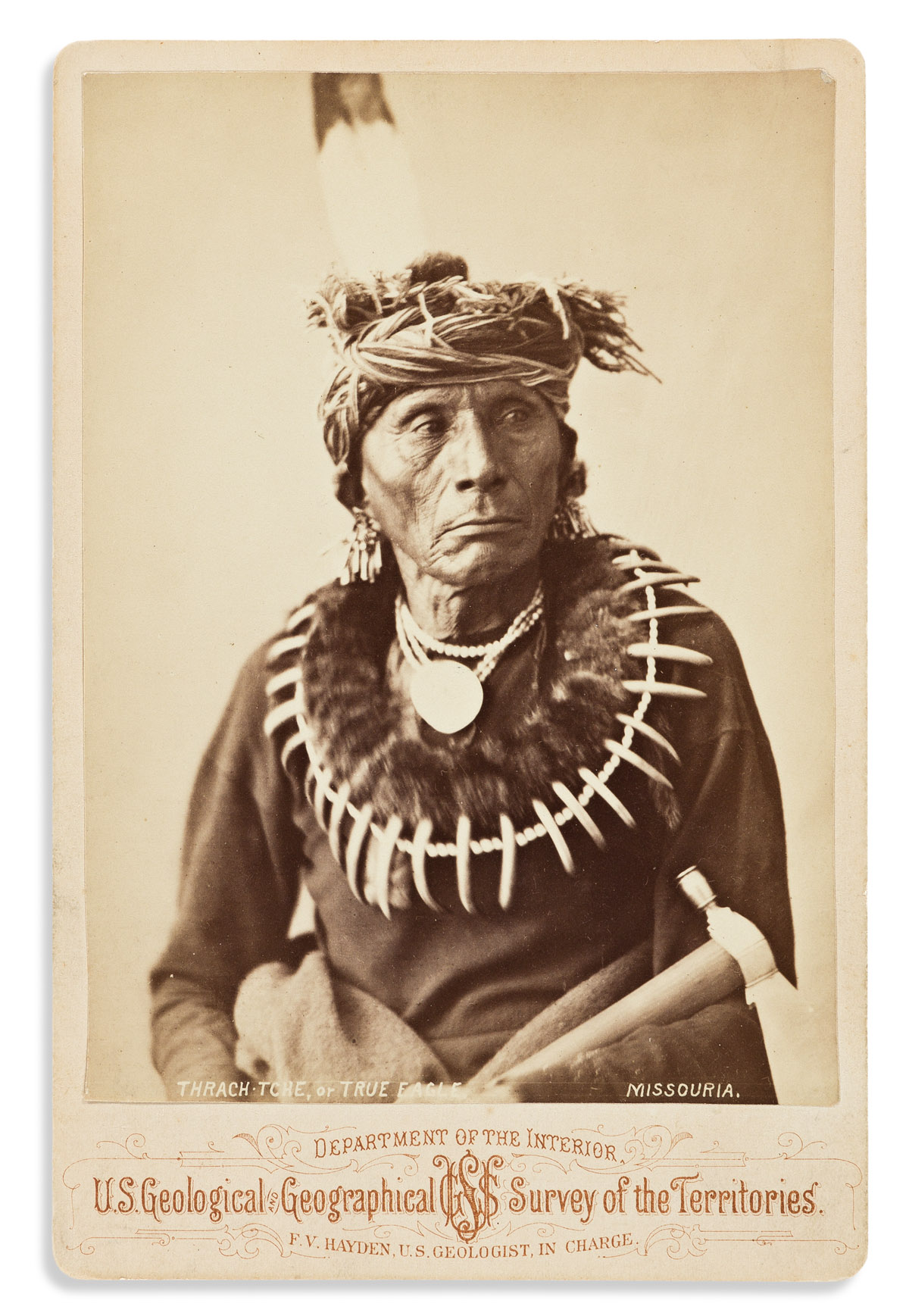 (AMERICAN INDIANS--PHOTOGRAPHS.) [Alexander Gardner.] Cabinet card portrait of Thrach-Tche, or True Eagle, Missouria.